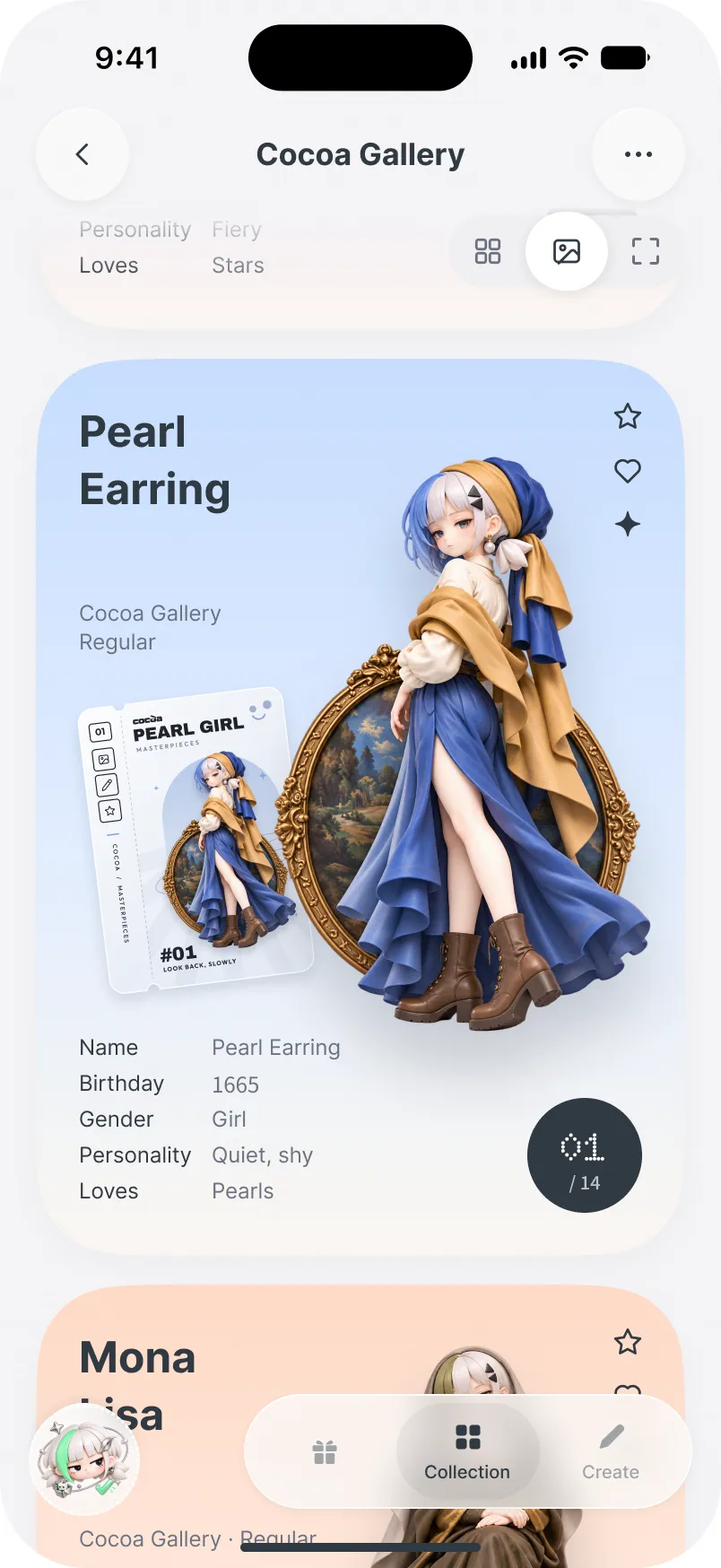 Pearl Earring and Mona Lisa as profile cards with name, birthday and what they love