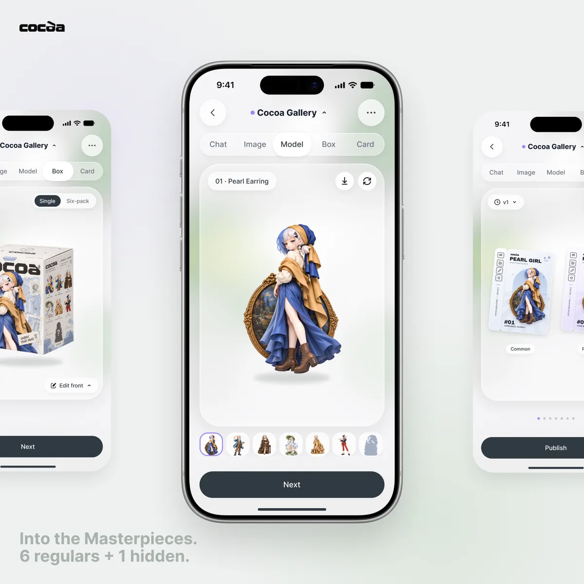 Into the Masterpieces: box, 3D model and card tabs on three phones
